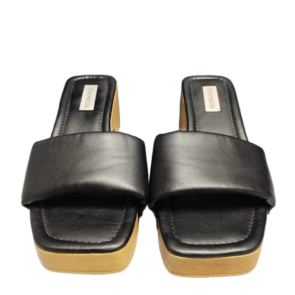 Steve Madden Chana Woody Platform Slide Sandals Womens US 9 Black Brown Open Toe